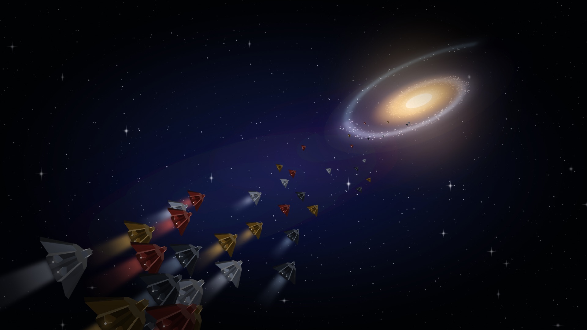 Four fleets of small ships leaving Earth toward a distant galaxy